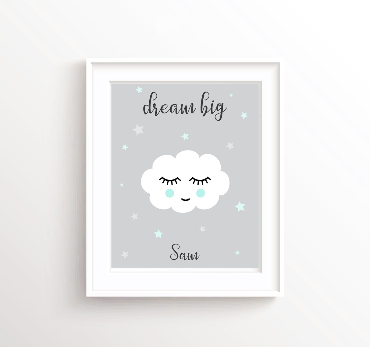 Yellow cloud nursery decor print with matching stars and personalised name, perfect for a cheerful baby room.