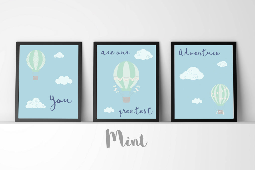 Elevate Nursery Decor with Hot Air Balloon 3 Print Set – Mint Green, Pink, or Yellow for Gender-Neutral Baby Gift