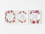 Encouraging Bible verses with floral illustrations in shades of pink and burgundy, Pink and burgundy floral Scripture prints