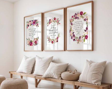Pink and burgundy floral Bible verse wall art featuring Psalm 46:1, Philippians 4:13, and Romans 15:13.