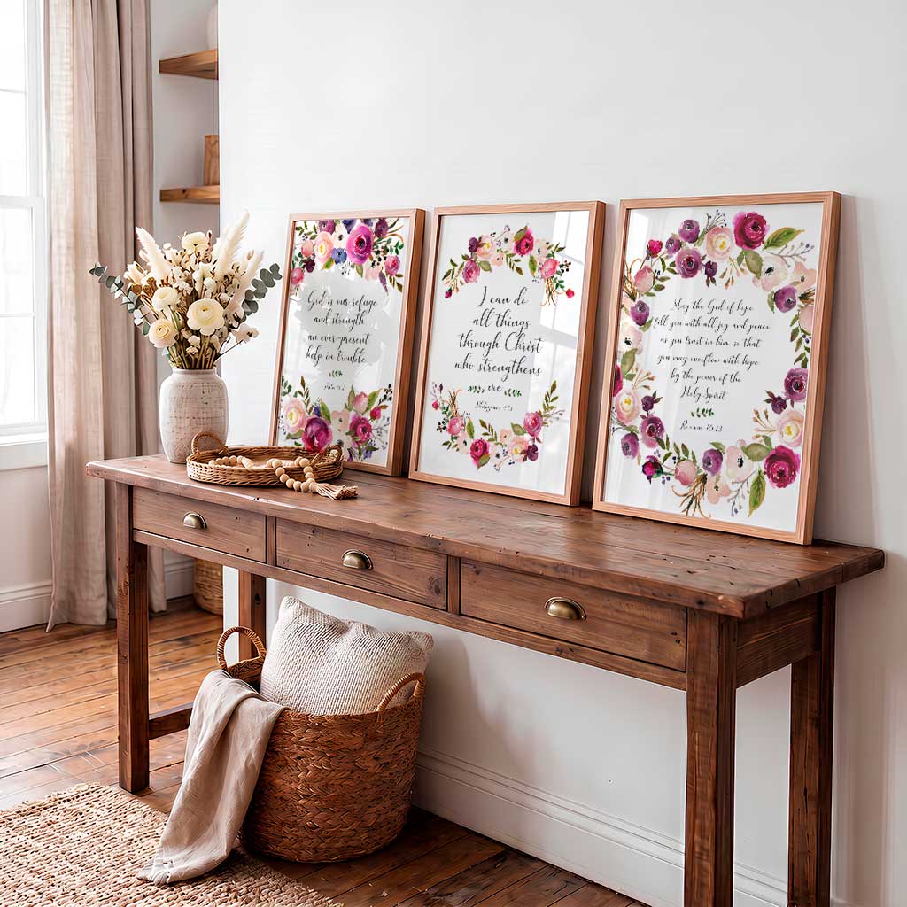 Christian floral wall art print set with empowering Bible verses and beautiful botanical artwork.