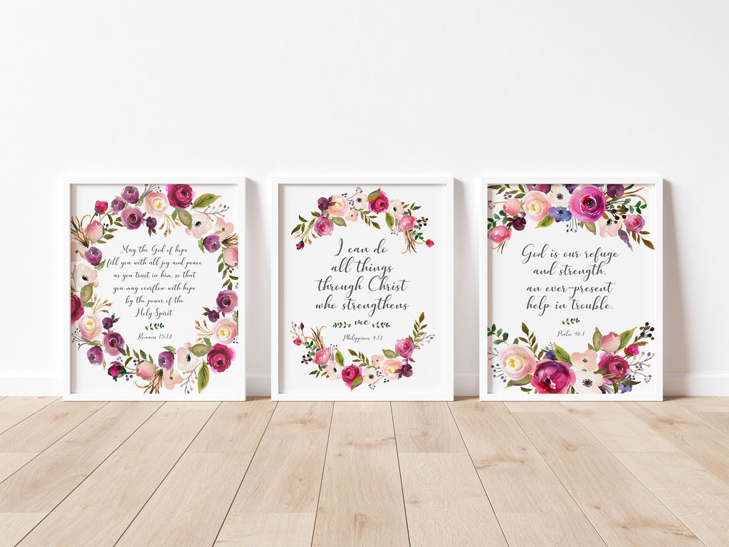 Floral Bible verse wall art with pink and burgundy flowers, Inspirational scripture prints with pink and burgundy floral designs