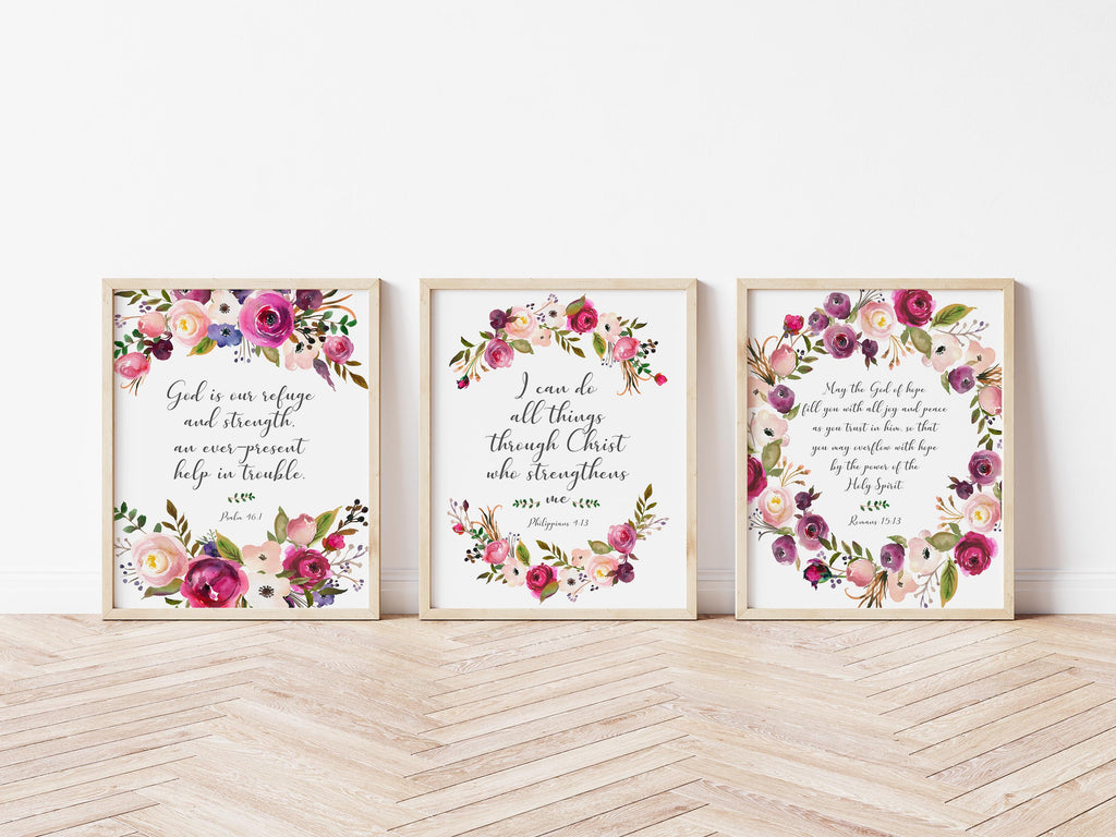 Biblical quotes with vibrant pink and burgundy flower arrangements, Inspirational wall art with floral Bible verses in shades of pink