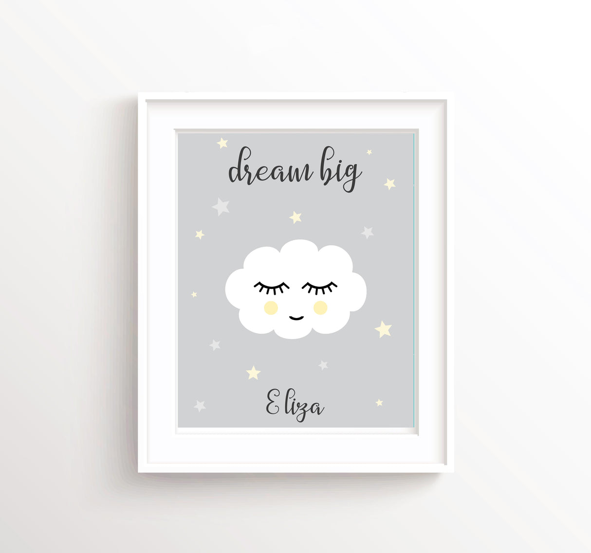 Whimsical children's wall art with a dreamy cloud and pastel star background, colour theme and name customisable.