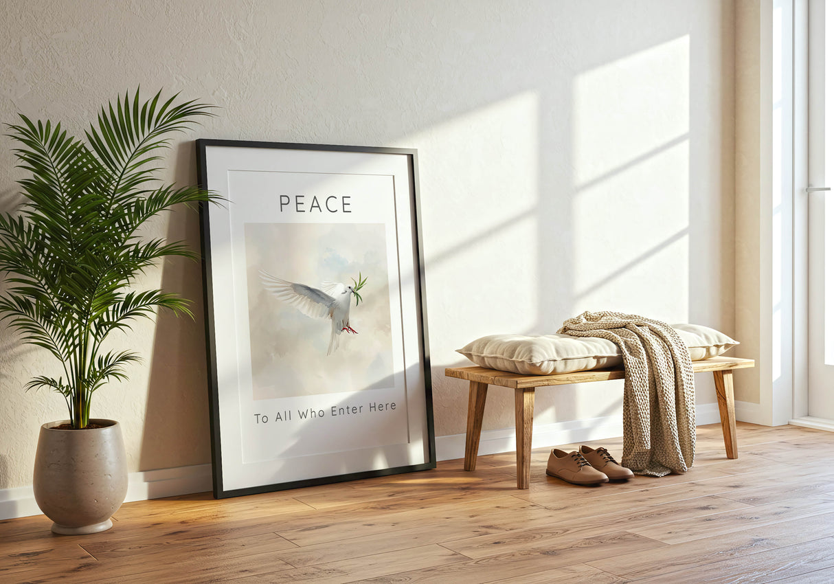 Peace To All Who Enter Here – Elegant peace-themed art print for home interiors.