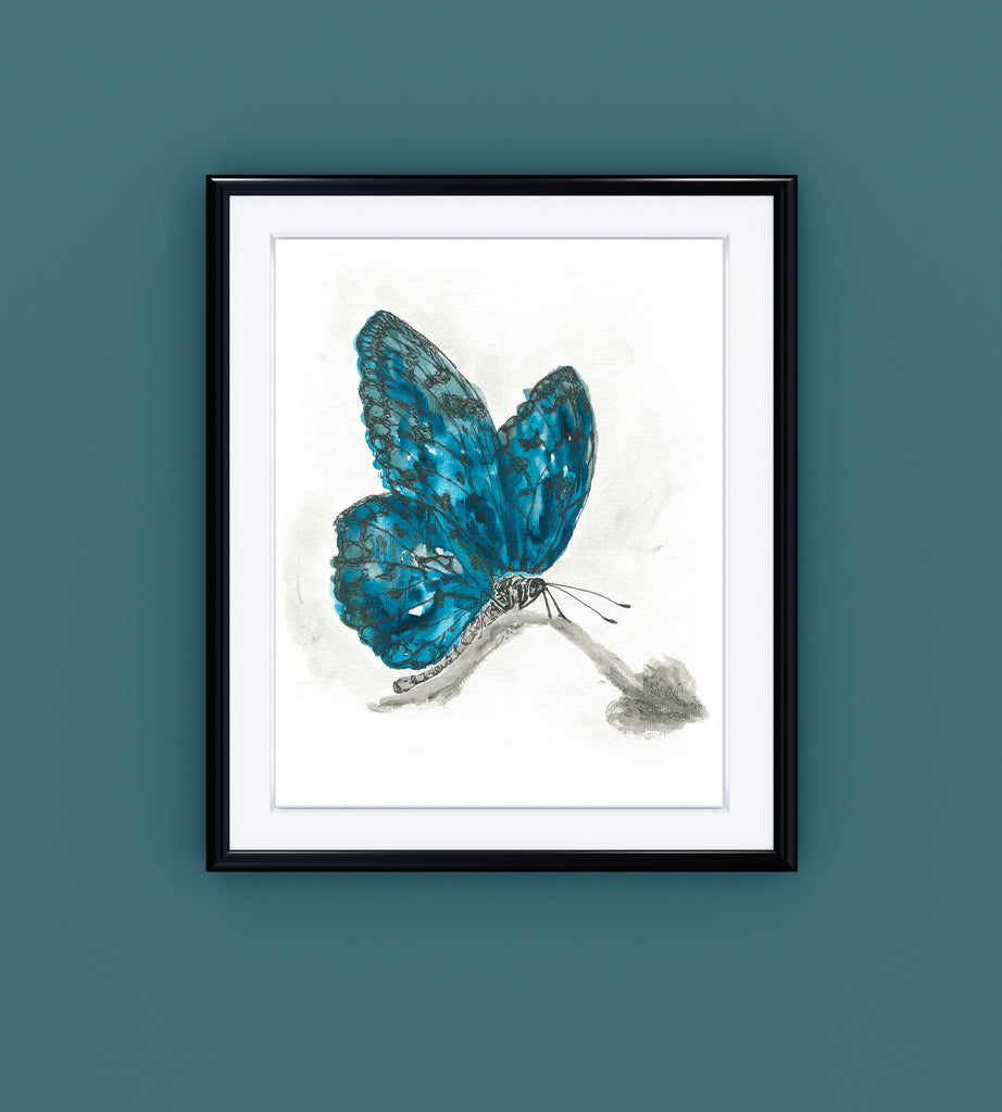 Captivating blue butterfly art print for gift-giving, Blue watercolour butterfly art print for sale