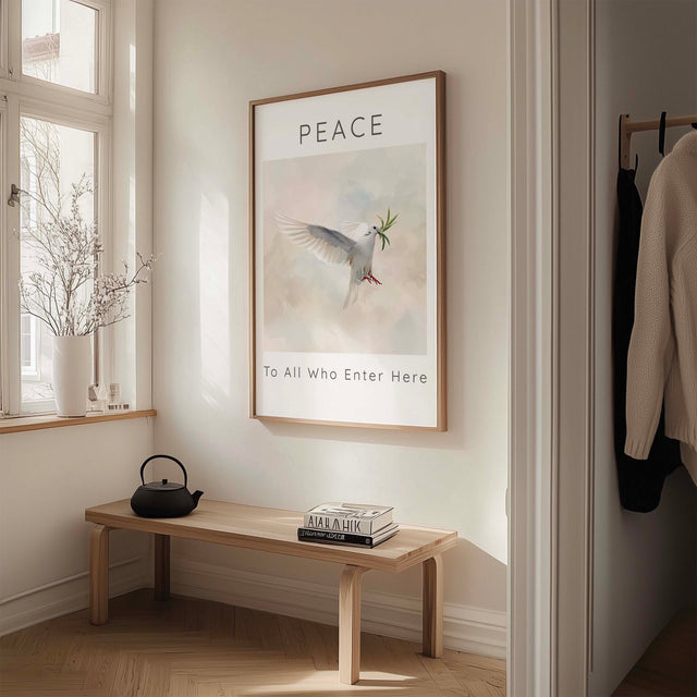 Peace To All Who Enter Here – White dove in flight carrying olive branch artwork.
