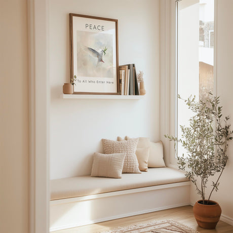 Peace To All Who Enter Here – Peaceful wall print symbolising blessing and renewal.