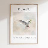 Peace To All Who Enter Here – Minimalist dove print with soft pastel background.