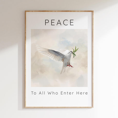 Peace To All Who Enter Here – Minimalist dove print with soft pastel background.