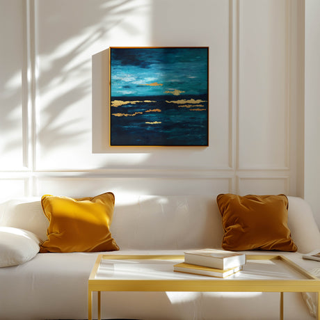 Acrylic painting inspired by ocean depths with imitation gold leaf detail, perfect for modern interiors.