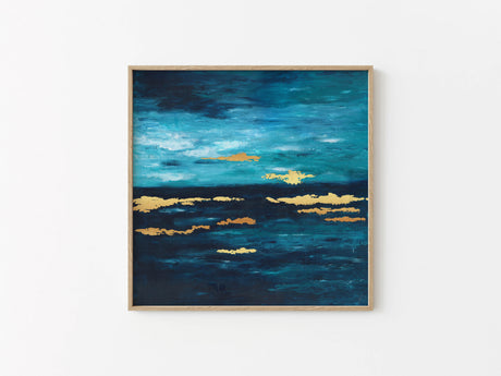 Original coastal abstract art in blues and aqua tones with shimmering gold accents for wall display.