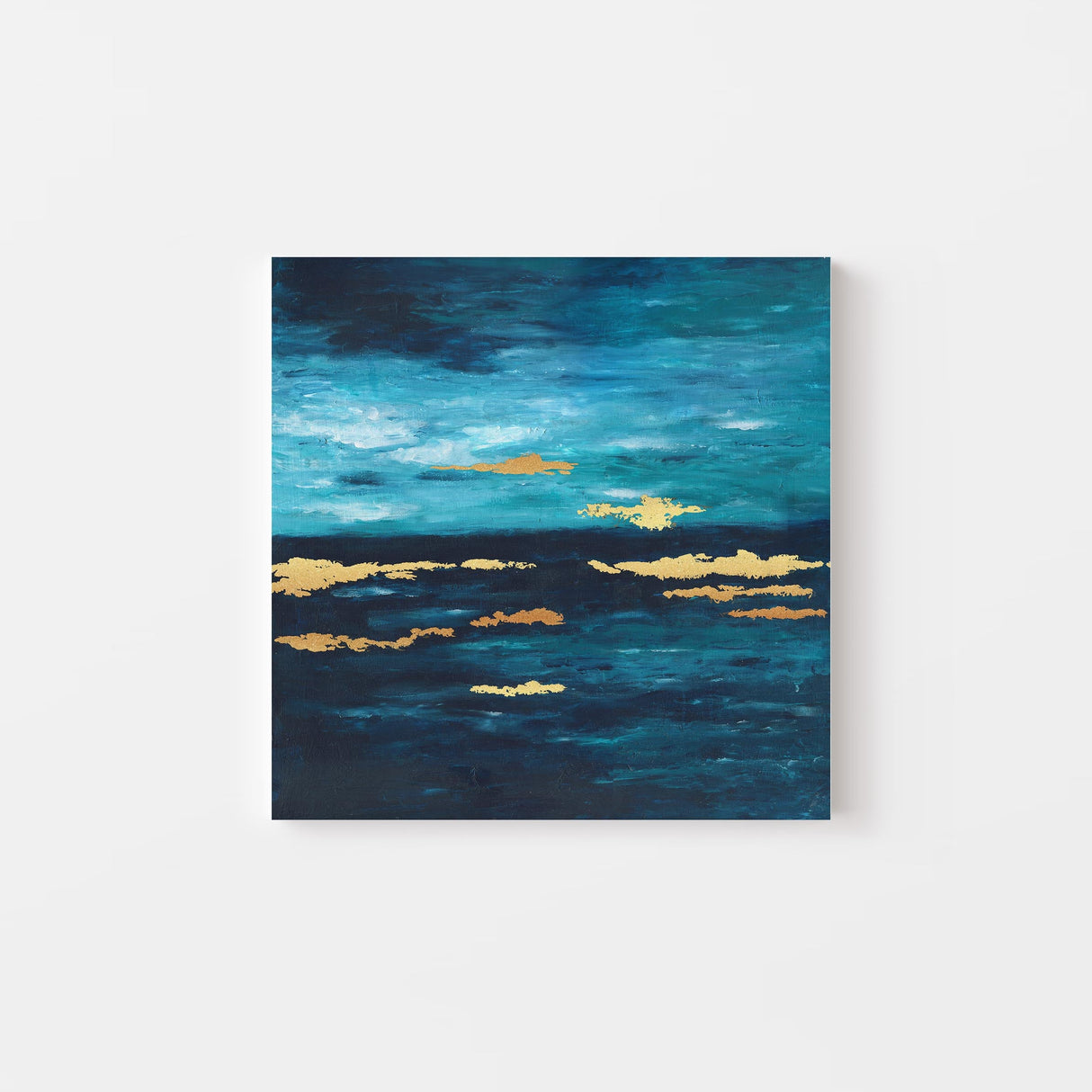 Original abstract acrylic ocean painting with shimmering gold leaf on canvas by Kate Shephard.