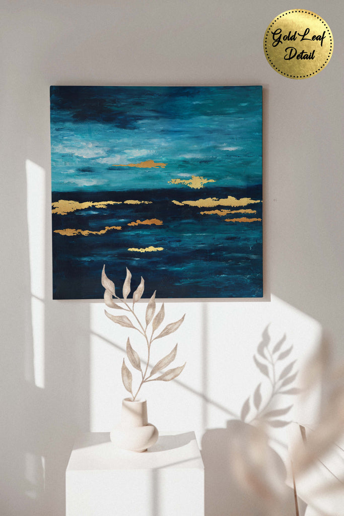 Blue and turquoise abstract ocean art seascape with gold leaf, buy original art for sale, original artwork for sale