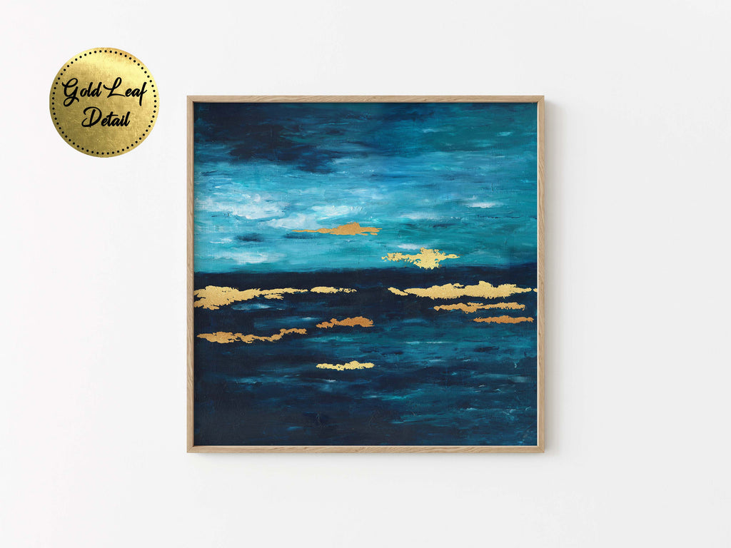 Original acrylic seascape painting in shades of blue and turquoise, affordable original art, original wall art, gold leaf painting