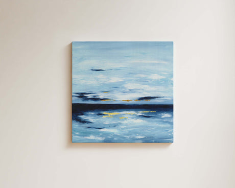 Oceanic painting with hints of gold leaf, Maritime-themed artwork with gold-infused sky and sea