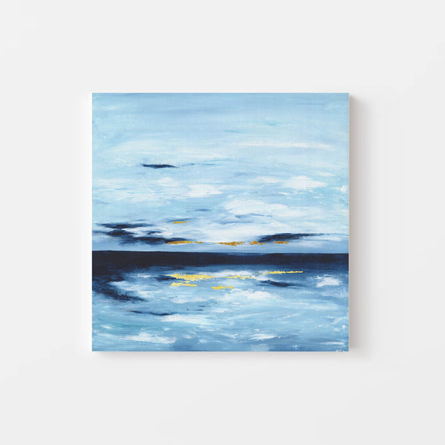 Contemporary coastal-inspired painting with shimmering gold leaf, titled ‘Golden Horizons’.