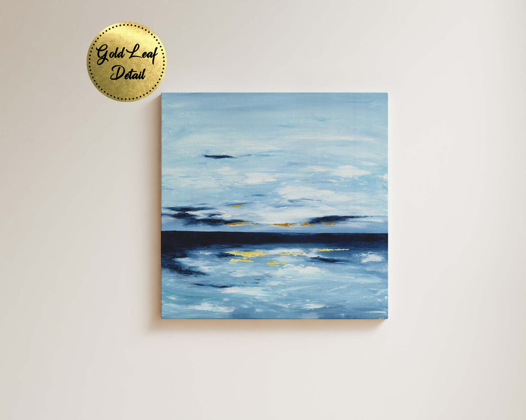 Seascape masterpiece adorned with gold leaf detailing, Blue and white abstract art inspired by the sea