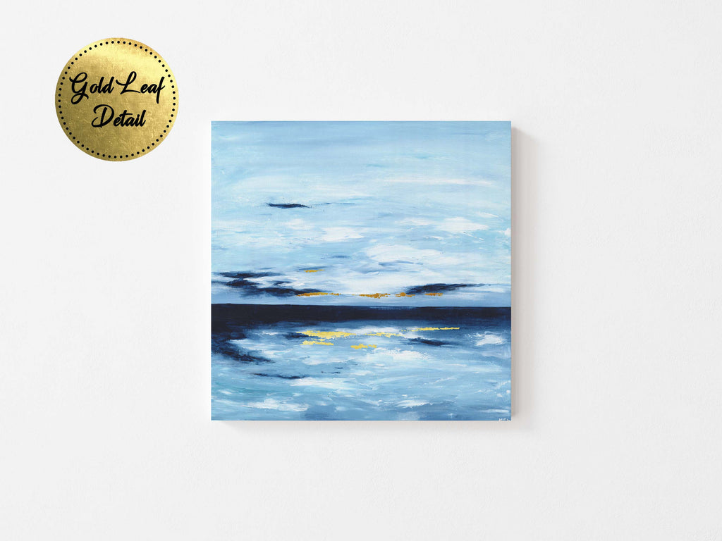 Abstract oceanic art with subtle gold touches, Modern seascape painting with gold accents, Contemporary seascape art