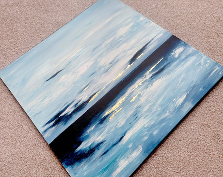 ‘Golden Horizons’ Abstract Seascape with Gold Leaf, Original Acrylic Painting on Canvas, Contemporary Ocean-Inspired Wall Art