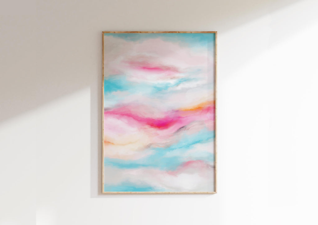 Contemporary Skyline Canvas Print, Modern Cloudscape Wall Decor, Abstract Sunrise Sky Painting, Turquoise Pink Clouds Artwork
