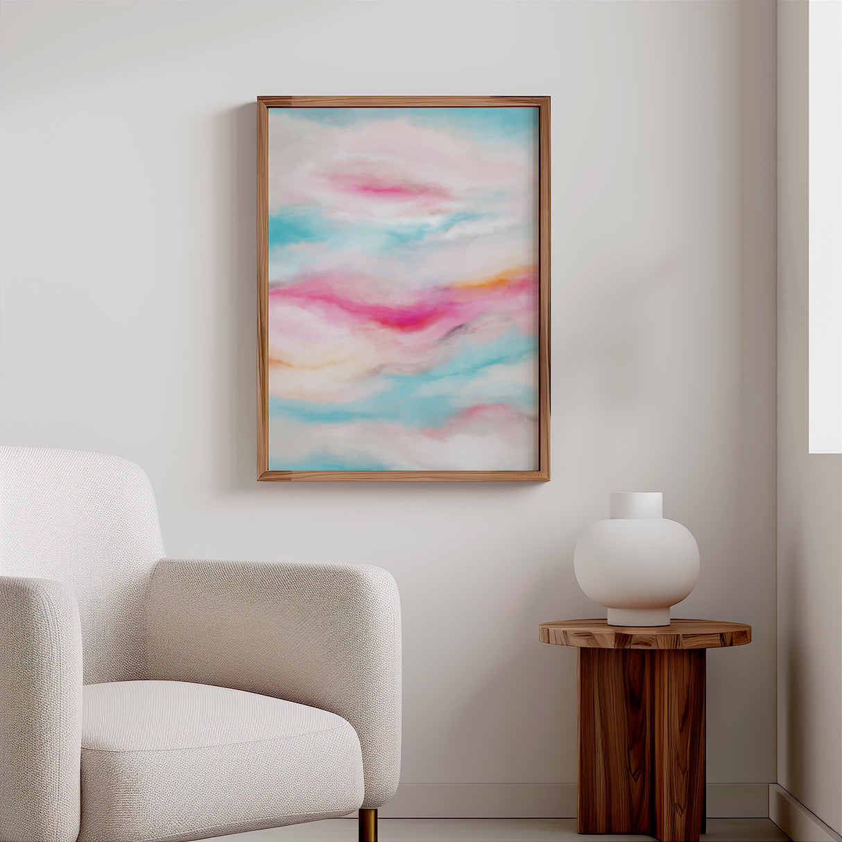 Abstract sky print in turquoise, pink, and yellow tones capturing a vibrant sunrise-inspired moment