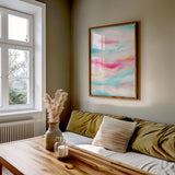 Radiant watercolour sky artwork with bold streaks of hot pink, yellow, and cool turquoise