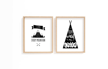 Monochrome Nursery Wall Art Set with Mountain and Teepee Prints, Inspirational Black and White Prints for Nursery Decor