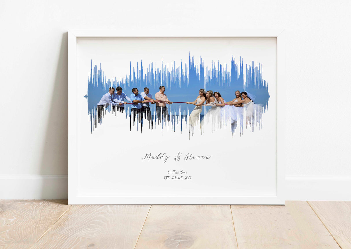 Custom soundwave art with photo and personalized message, Engagement keepsake: soundwave print with custom photo and text, Capture your favorite song