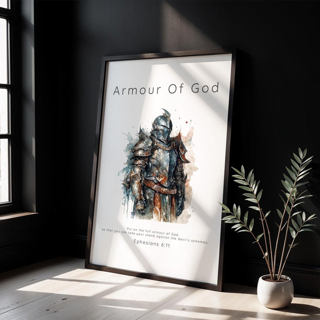 Watercolour Christian art print of a warrior in the full Armour of God, inspired by Ephesians 6:11. Bible verse wall art featuring a valiant warrior with text “Put on the full armor of God” from Ephesians 6:11.