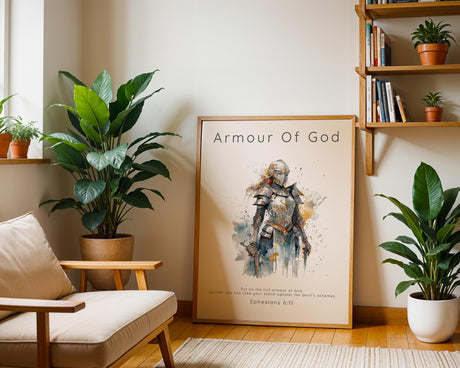Watercolour print of a female warrior in the full Armour of God, inspired by Ephesians 6:11. Christian wall art featuring a graceful female warrior and the Bible verse "Put on the full armor of God."

