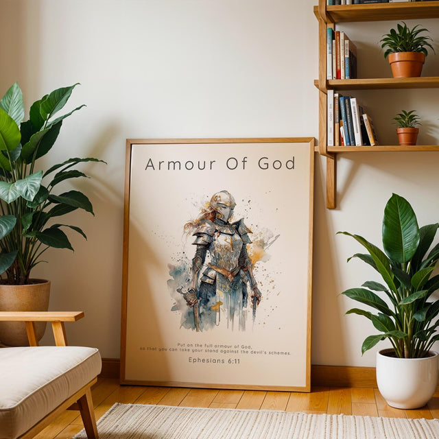 Watercolour print of a female warrior in the full Armour of God, inspired by Ephesians 6:11. Christian wall art featuring a graceful female warrior and the Bible verse "Put on the full armor of God."

