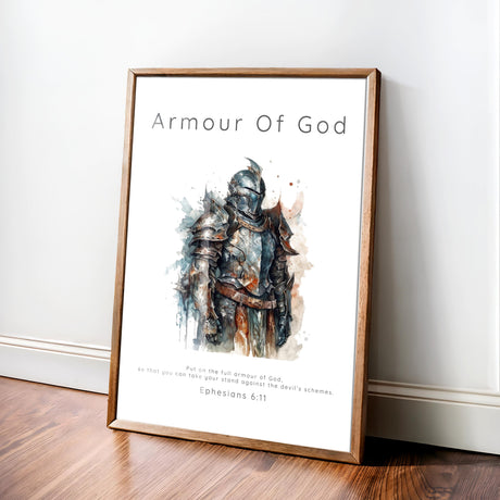 Powerful watercolour artwork with Christian warrior and Ephesians 6:11, ideal for encouraging daily spiritual strength. Armour of God print with bold imagery and scripture, perfect Christian gift for men and women of faith.