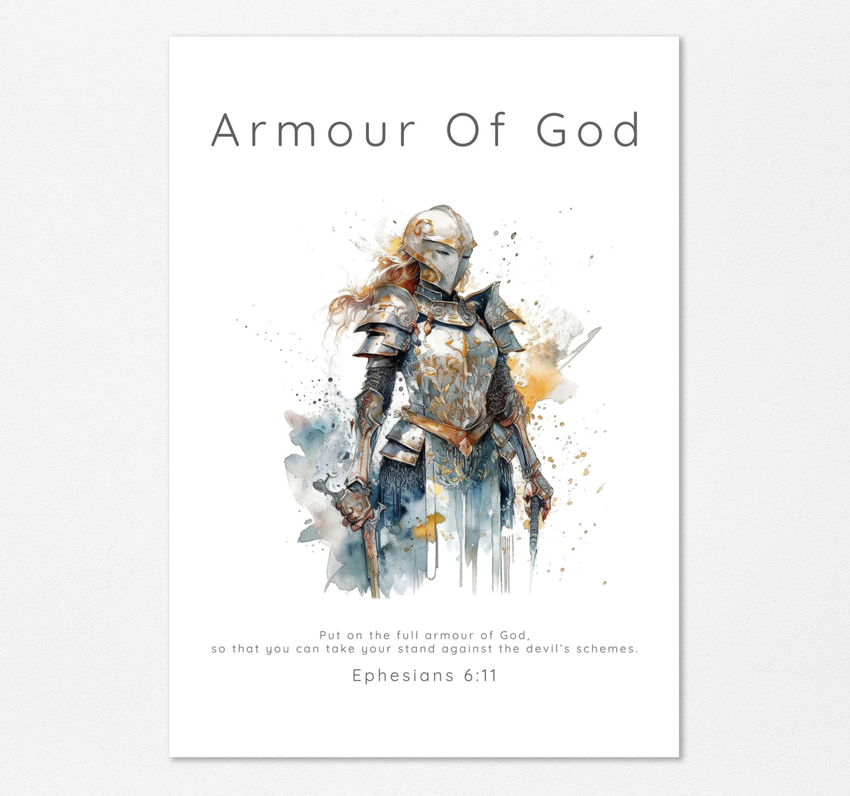 Spiritual watercolor scripture print, Elegant Armour of God poster, Ephesians 6:11 visual inspiration, Divine empowerment home decor