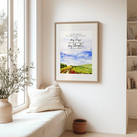 Christian print with soft landscape painting and “My ways are higher” verse from Isaiah.