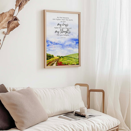 Calming artwork of a countryside path paired with the comforting words of Isaiah 55:9.