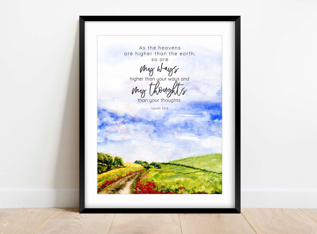 Inspirational wall art with Isaiah 55:9, Path in the distance Bible verse print, Serene English countryside scene scripture