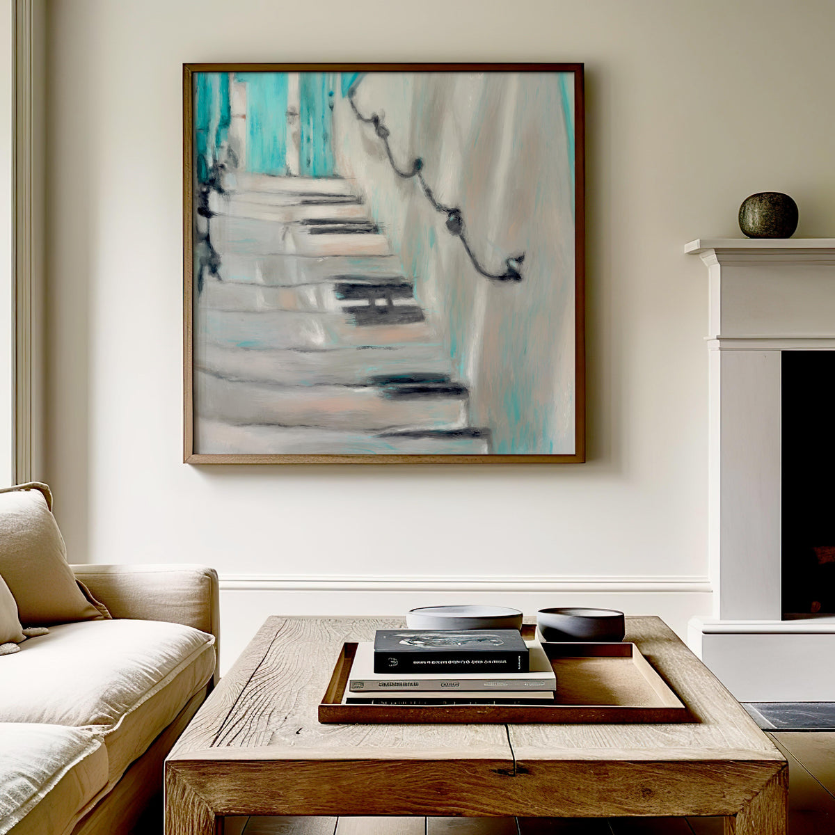 Ascent - Abstract Stairway Wall Art in Blue & White, Modern Coastal Mi ...