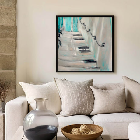 Textured abstract stairs painting with soothing ocean-inspired colours.