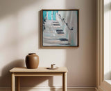 Minimalist abstract art featuring a stairway leading upward, evoking hope and progress.
