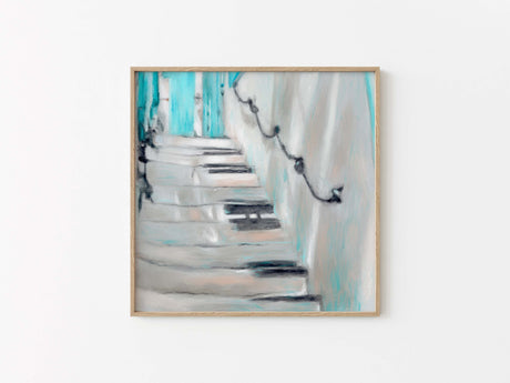 Abstract art print showing upward stairway in shades of blue and white.