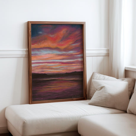 Atmospheric seascape print capturing a dramatic sunset over Poole Bay, inspired by Whitecliffe.