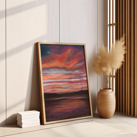 Fine art print of a stormy sky over Poole Bay, with rich, moody tones and vibrant pastel textures.