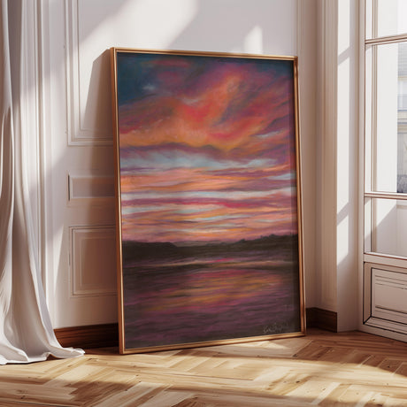 Moody, fiery sky over Poole Bay in this high-quality print.