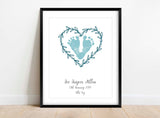 Personalized baby footprint keepsake print with birth details, Heart-shaped baby footprint print with custom colours