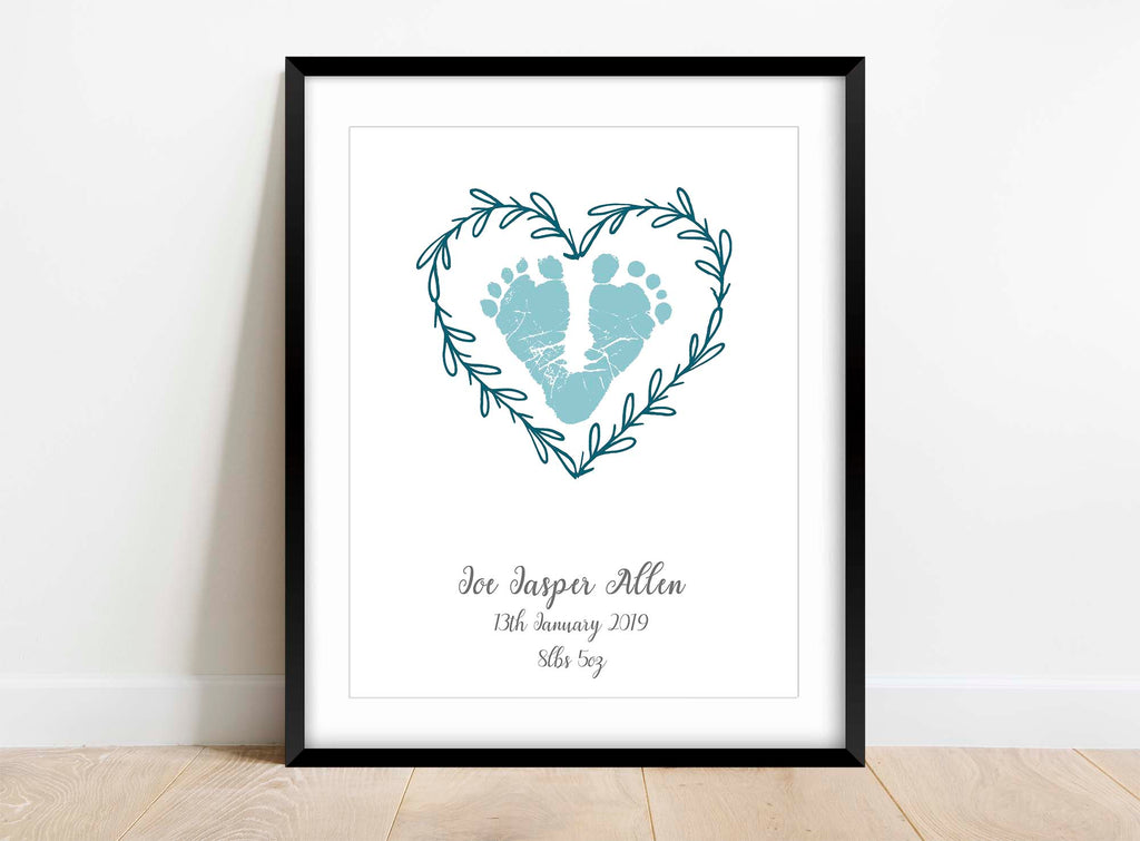 Personalized baby footprint keepsake print with birth details, Heart-shaped baby footprint print with custom colours