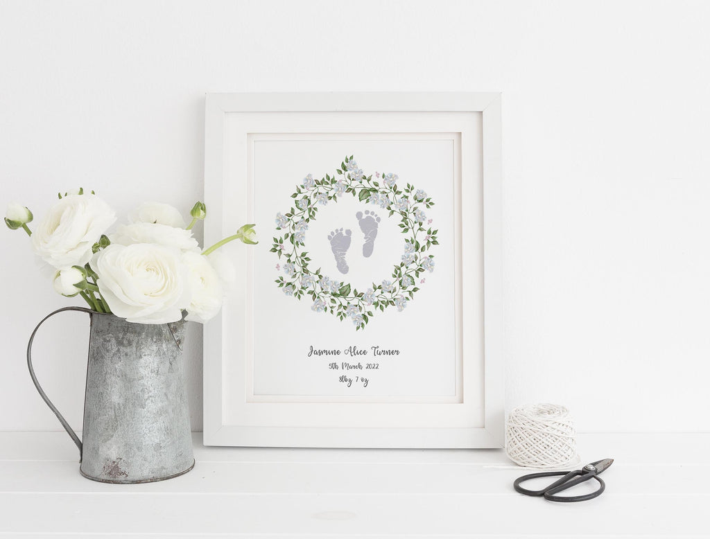 Personalized baby footprint keepsake with birth details, Custom baby footprints print with name, date, weight