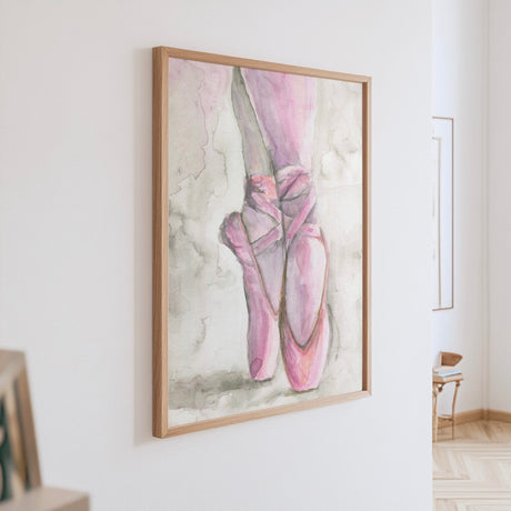 Pink and grey ballet shoes watercolour art print with feminine charm for bedroom walls.