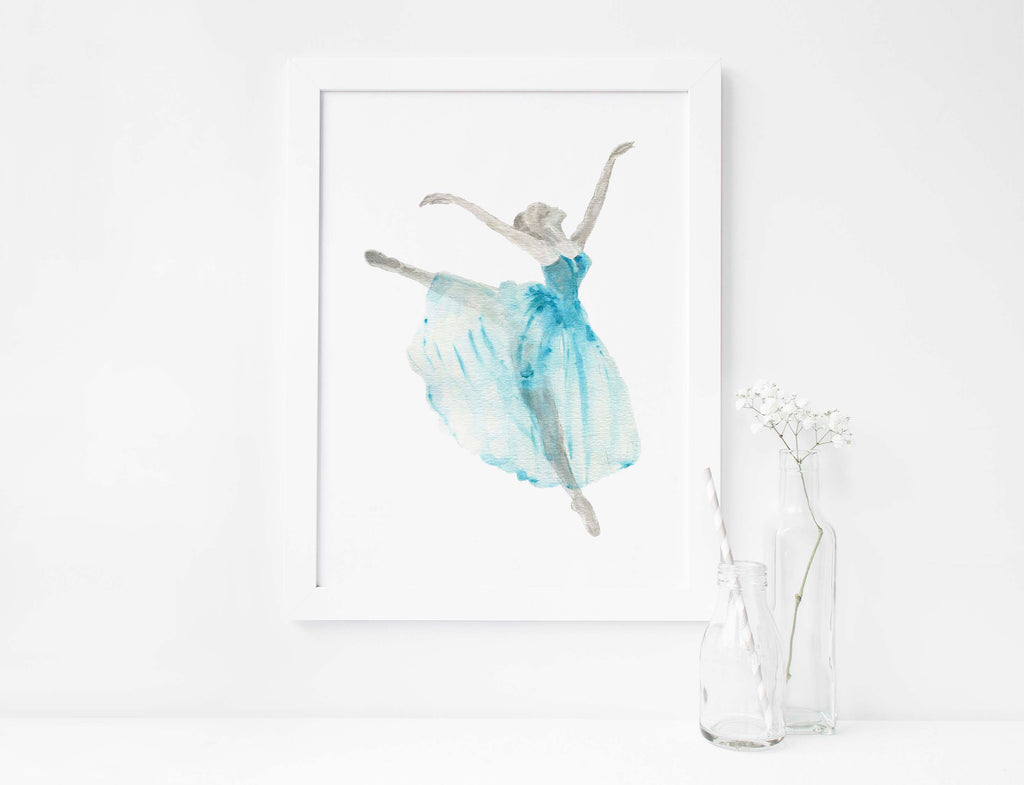 Watercolour ballerina art with turquoise dress, Elegant ballerina painting in turquoise dress, gifts for a dancer