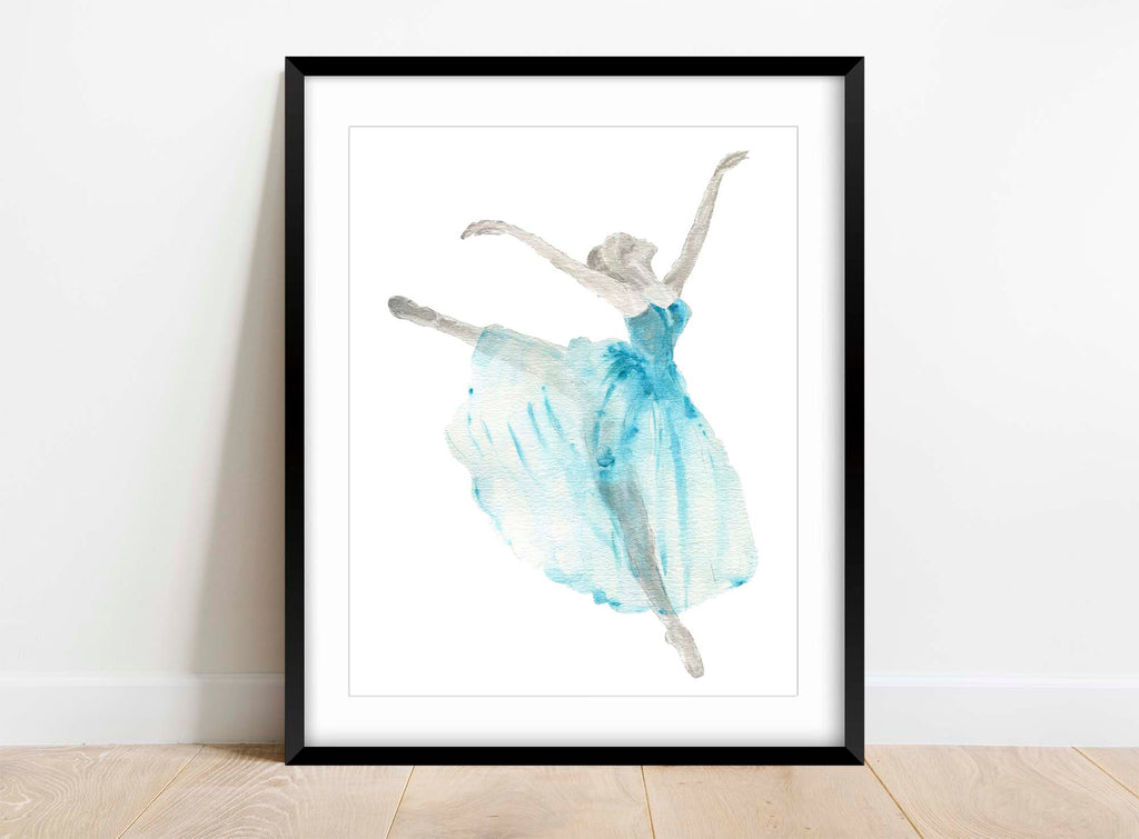 Graceful ballet dancer artwork with turquoise dress, Watercolour print of ballerina in turquoise dress, Ballerina artwork